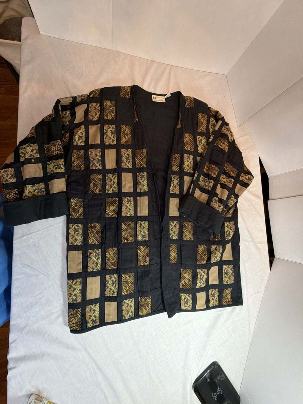 Yak Magik Vintage Patchwork Open Front Jacket Black and Gold